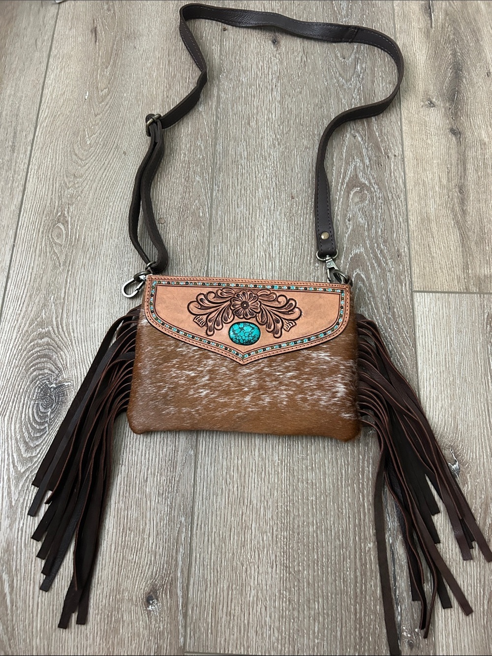 American Darling Hand Tooled Hair On Leather Crossbody Bag Purse Turquoise